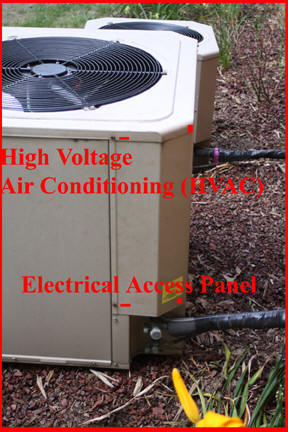 Shows access panel to typical HVAC compressor unit.