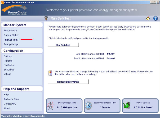 APC RS900 - PowerChute - Shows Screen to Run Self Test of RS900
