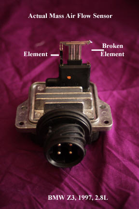 BMW Z3: Mass Air Flow Sensor showing broken element.