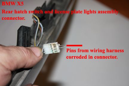 BMW X5 - Replacing the Rear Upper Hatch Switch - Detail of corroded wiring harness connector.