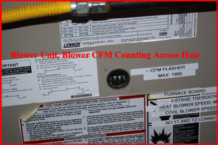 Shows port in Lennox HVAC furnace section to view fan motor RPM LED flashes