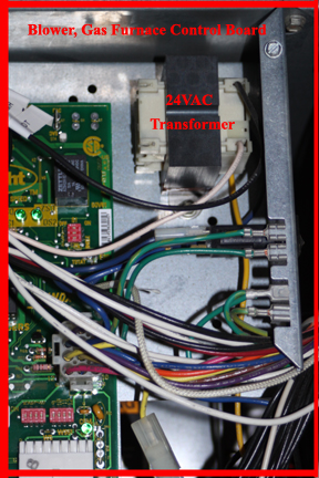 Shows Lennox HVAC gas furnace control board transformer