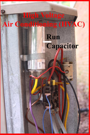 Shows appearance of run capacitor on HVAC compressor unit.