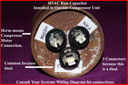 Shows wire terminal markings on run capacitor used in HVAC compressor unit.