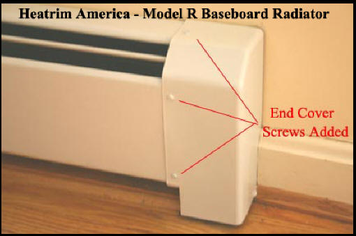 Heatrim America - Model R baseboard radiator - details of screw loactions on end caps