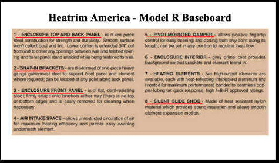 Shows pieces of Heatrim America - Model R Baseboard - Manufacture descriptions