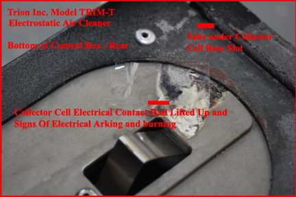 Trion TRIM-T Electrostatic Air Cleaner -Shows Bottom of Control Box Base With Burnt Electrical Contact